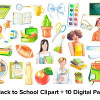 30 Back-To-School Hand-Painted Watercolor Clipart and 10 Digital Papers