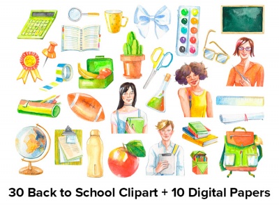 30 Back-To-School Hand-Painted Watercolor Clipart and 10 Digital Papers