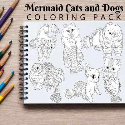 Mermaid Cats and Dogs Coloring Pack