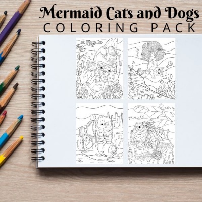 Mermaid Cats and Dogs Coloring Pack Bronze