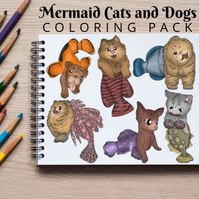 Mermaid Cats and Dogs Coloring Pack Silver