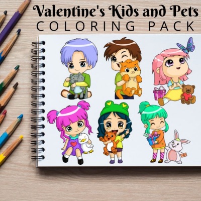 Valentine’s Kids and Pets Minis Coloring Pack Silver