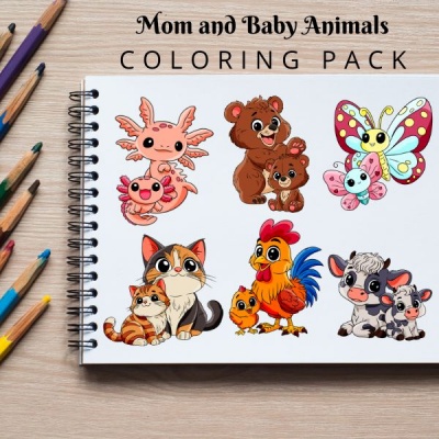 Mom and Baby Animals Coloring Pack Silver
