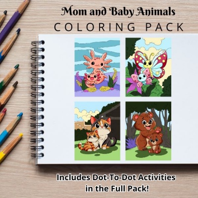 Mom and Baby Animals Full Coloring Pack with CBN and Dot-to-Dot
